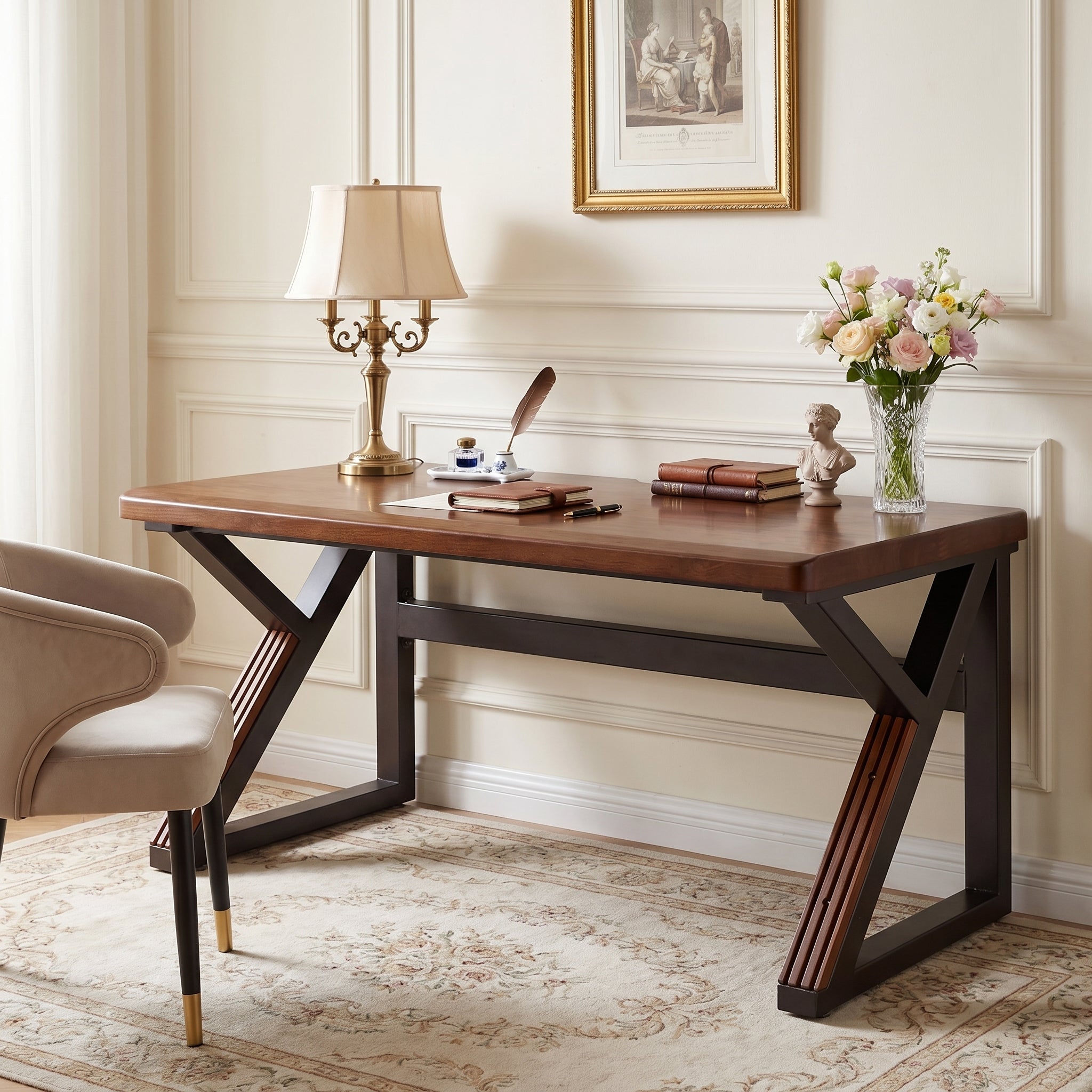 Hygge walnut writing desk in elegant home office with upholstered chair