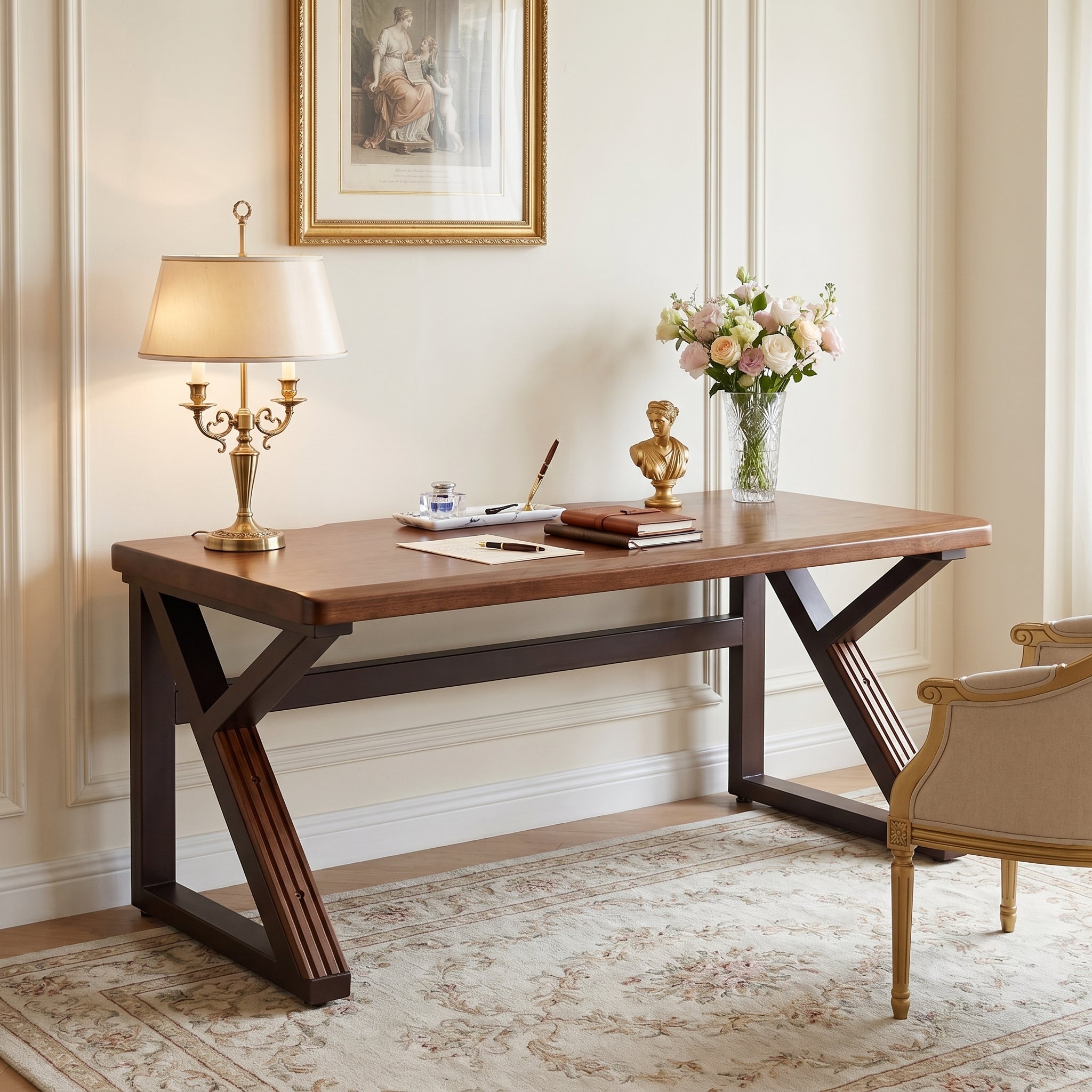 Hygge walnut writing desk in elegant home office with lamp and accent chair