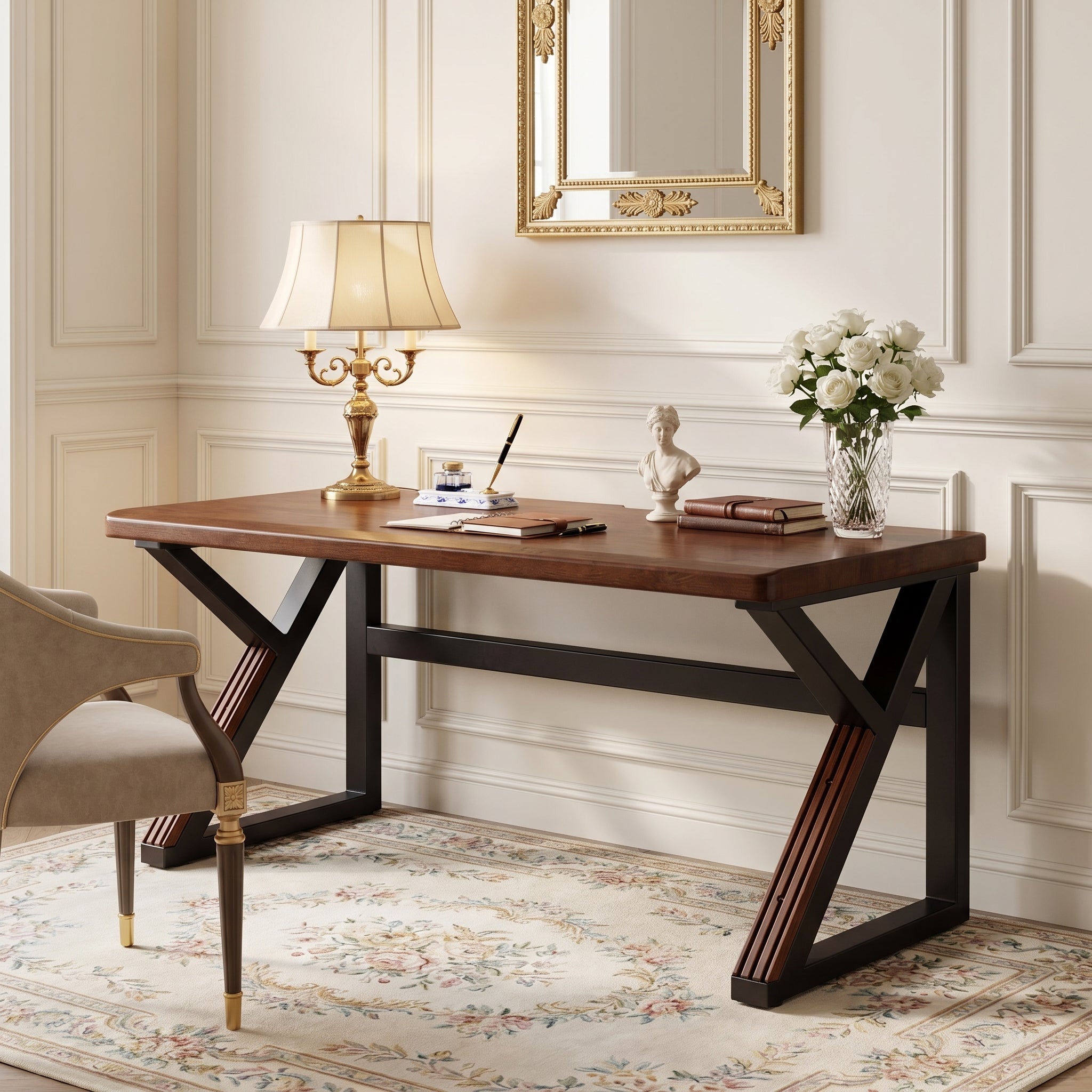 Hygge walnut writing desk in bright home office with table lamp