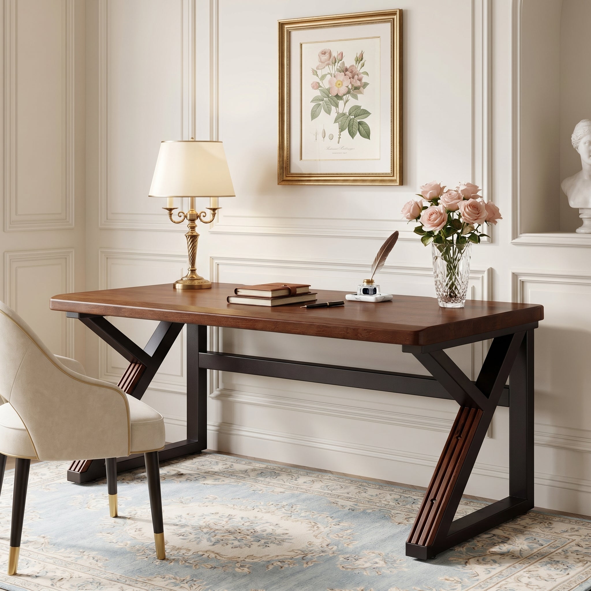 Hygge walnut writing desk in bright home office with table lamp and framed wall art