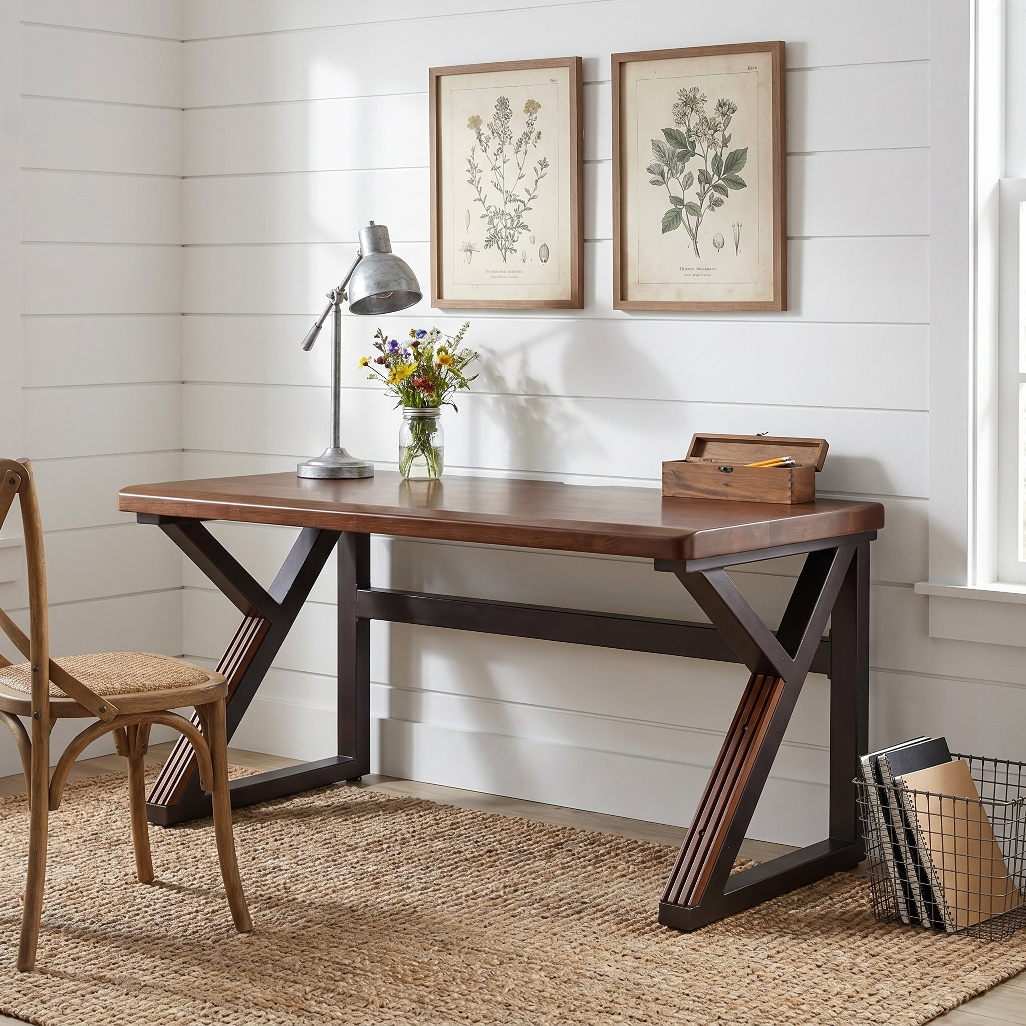 Hygge walnut writing desk in modern workspace with framed wall art