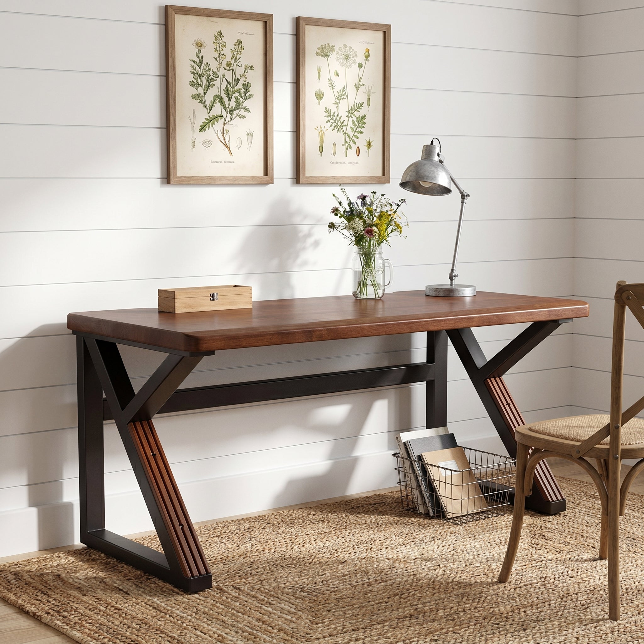 Hygge walnut writing desk in modern workspace with chair and decorative tabletop styling