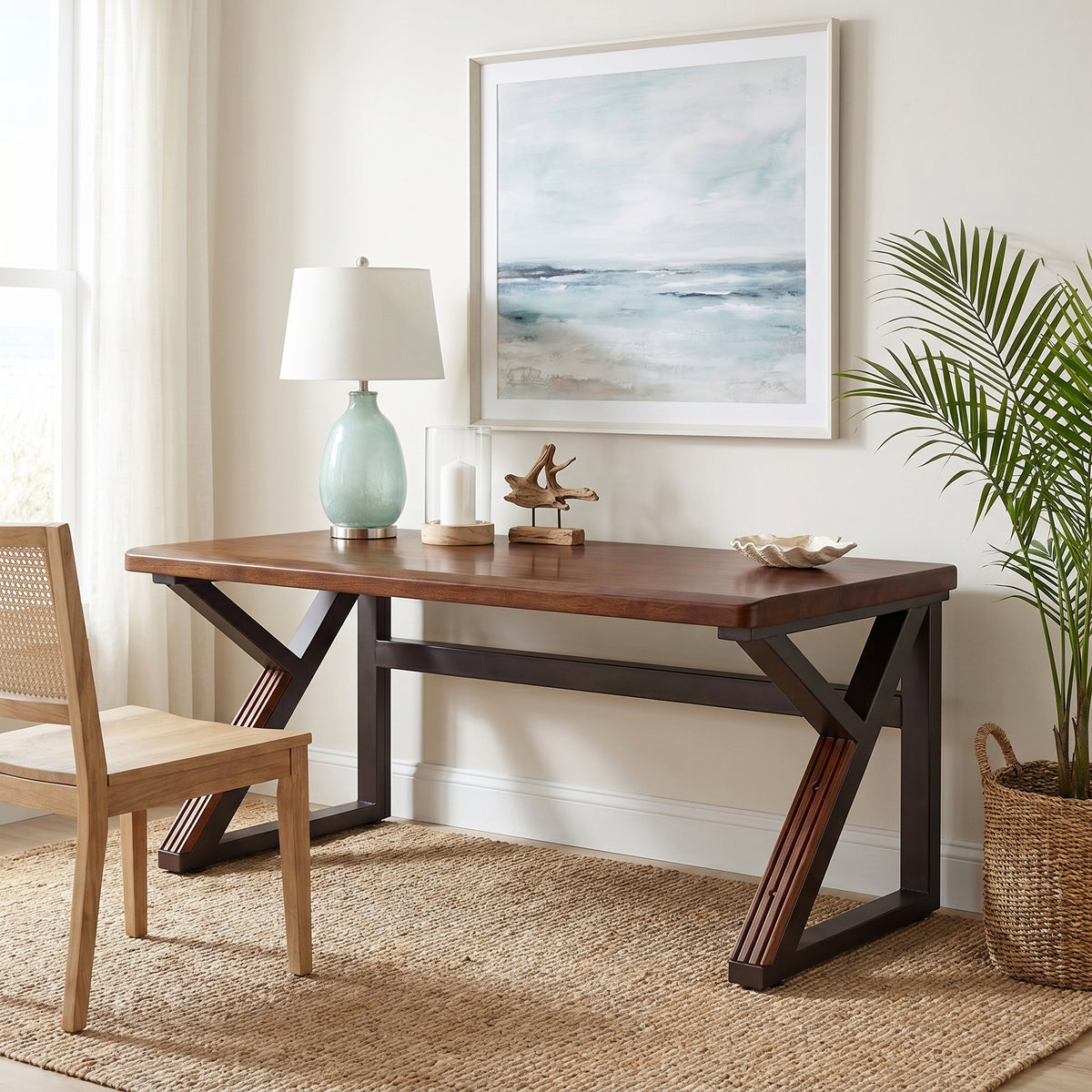 Hygge walnut writing desk in cozy home office with natural light and wall art