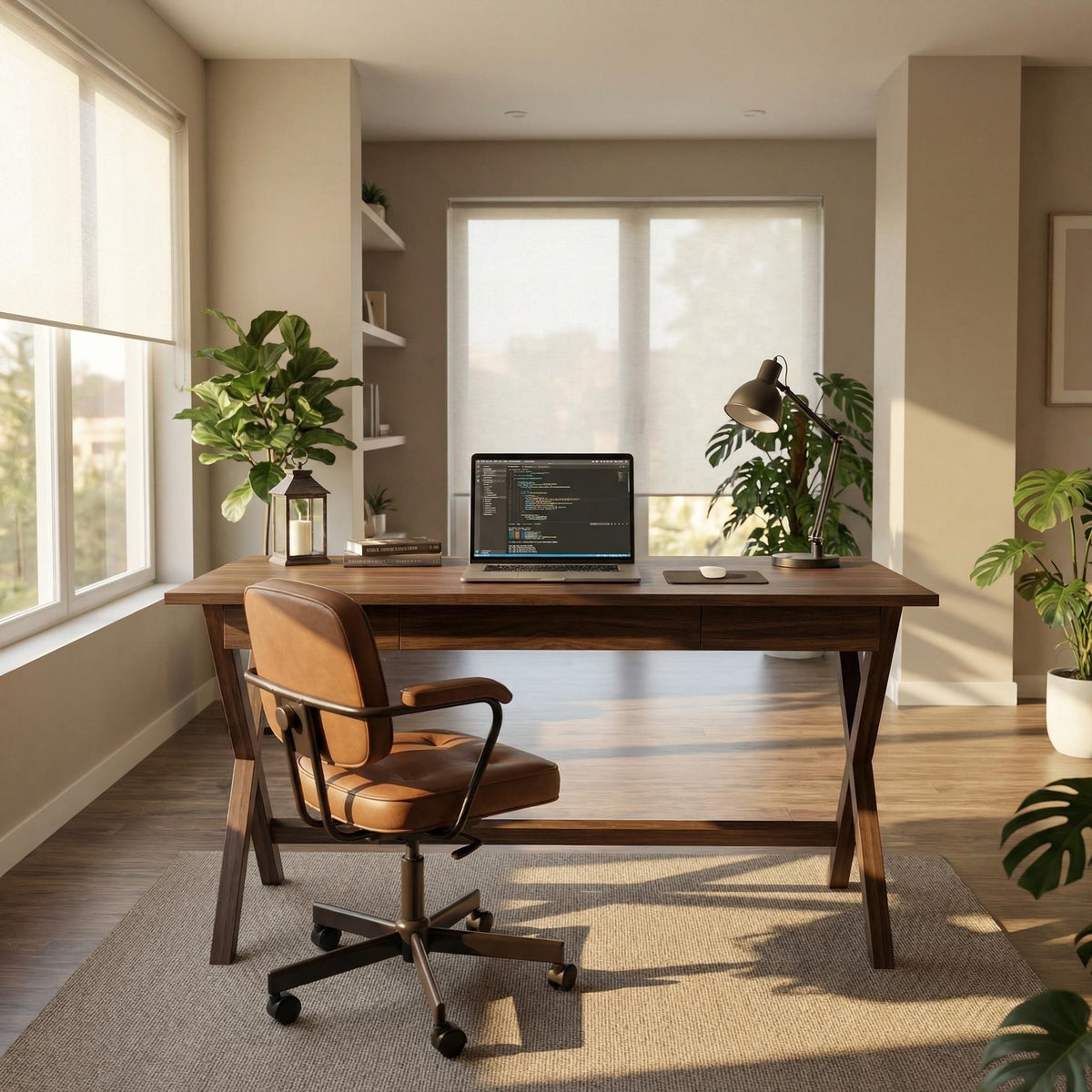 Hygge walnut writing desk in spacious office setting with task chair and plants