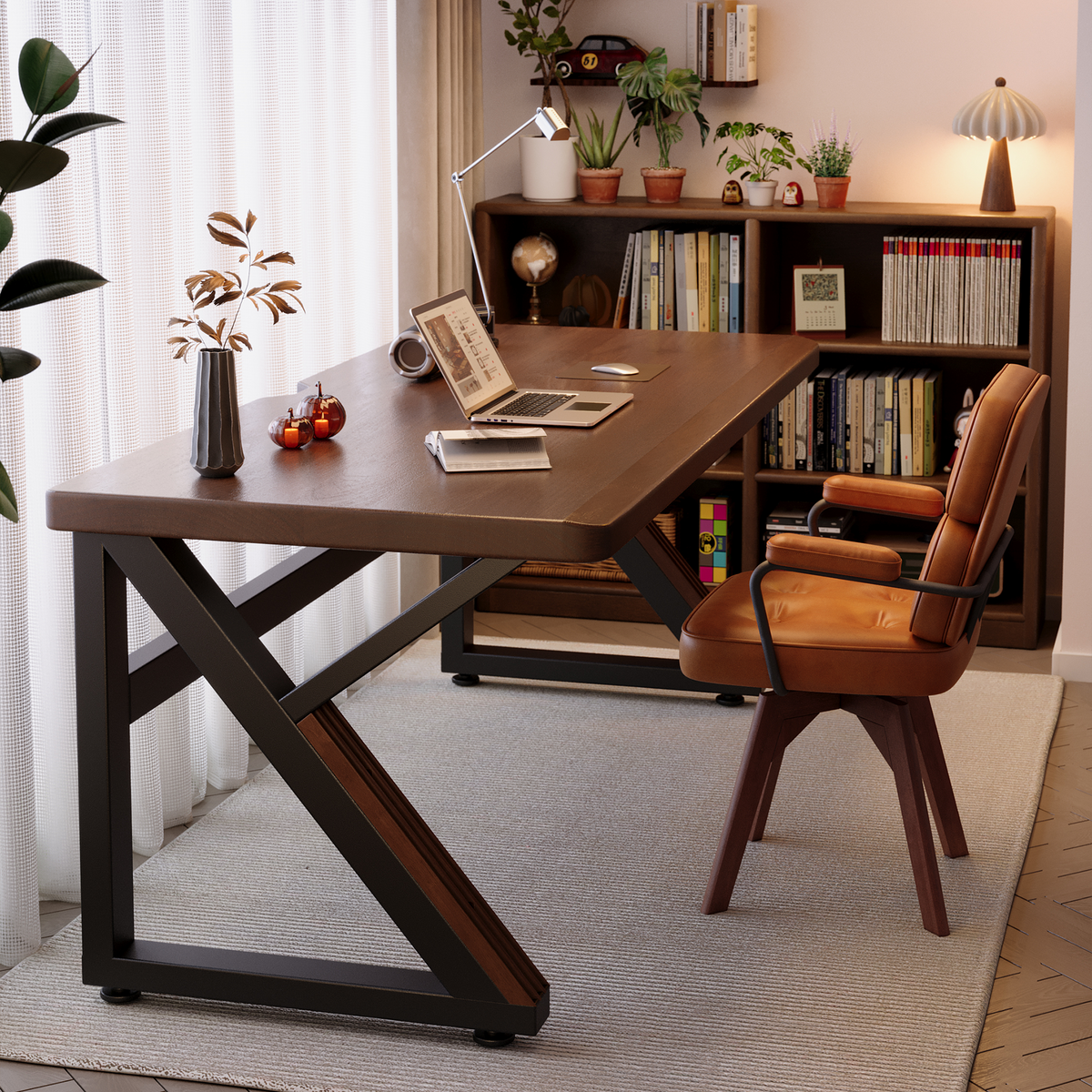 Hygge walnut writing desk in study room with bookshelf and decorative accessories