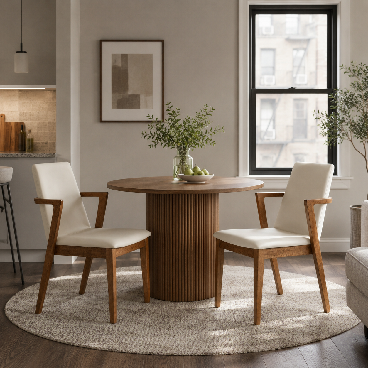 Isar beige upholstered dining chairs with solid rubberwood arm frame around a round dining table
