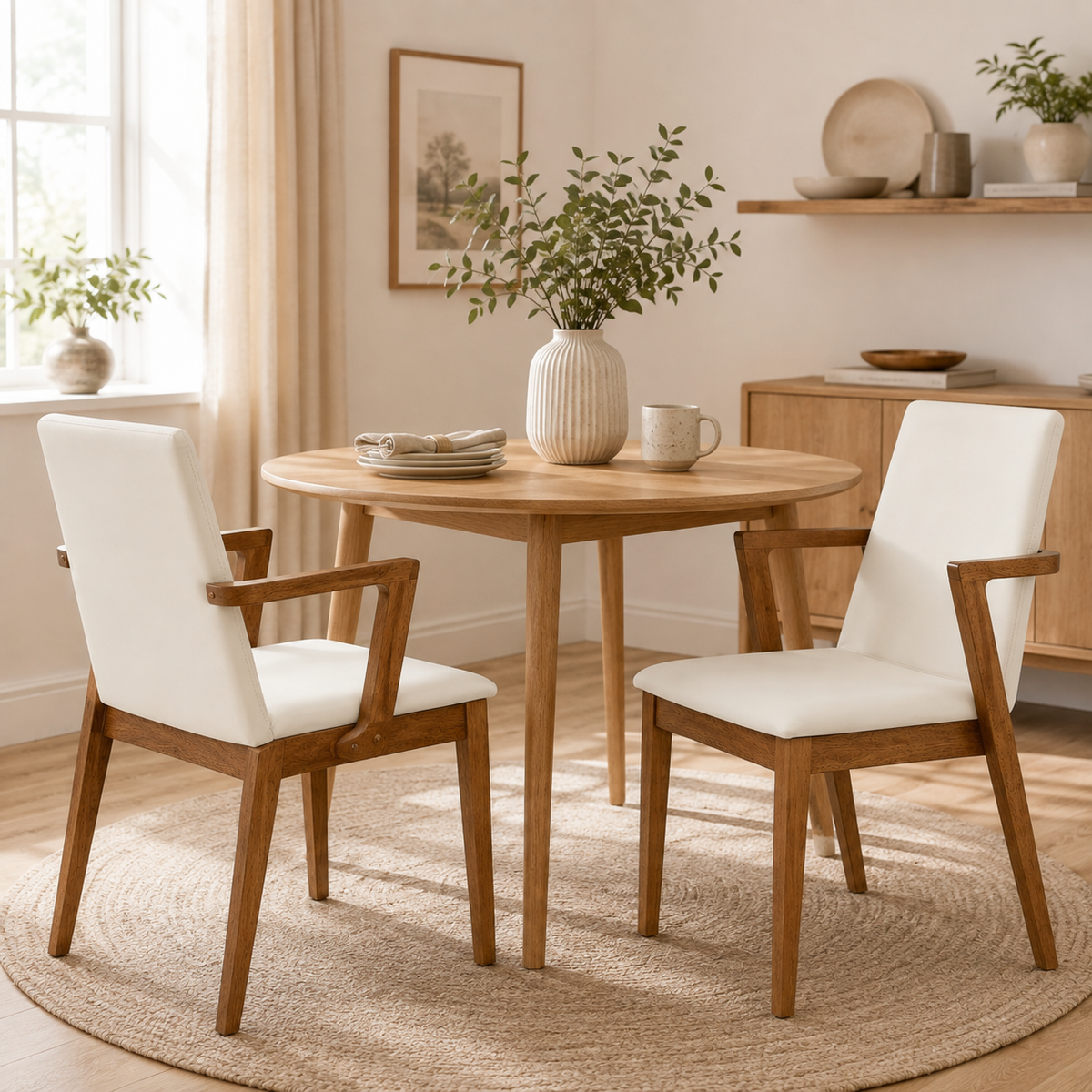 Isar beige upholstered dining chairs with solid rubberwood arm frame at a dining table