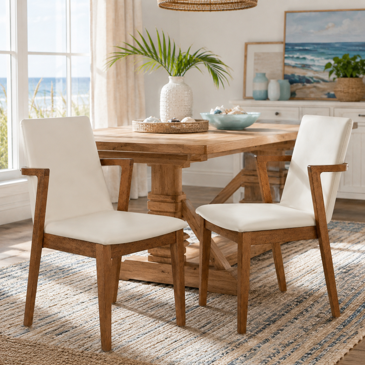 Isar beige upholstered dining chairs styled in a bright dining space