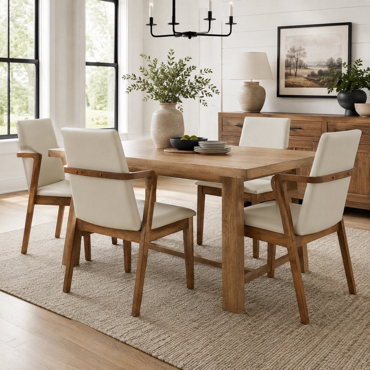 Isar beige upholstered dining chairs styled in a bright dining space