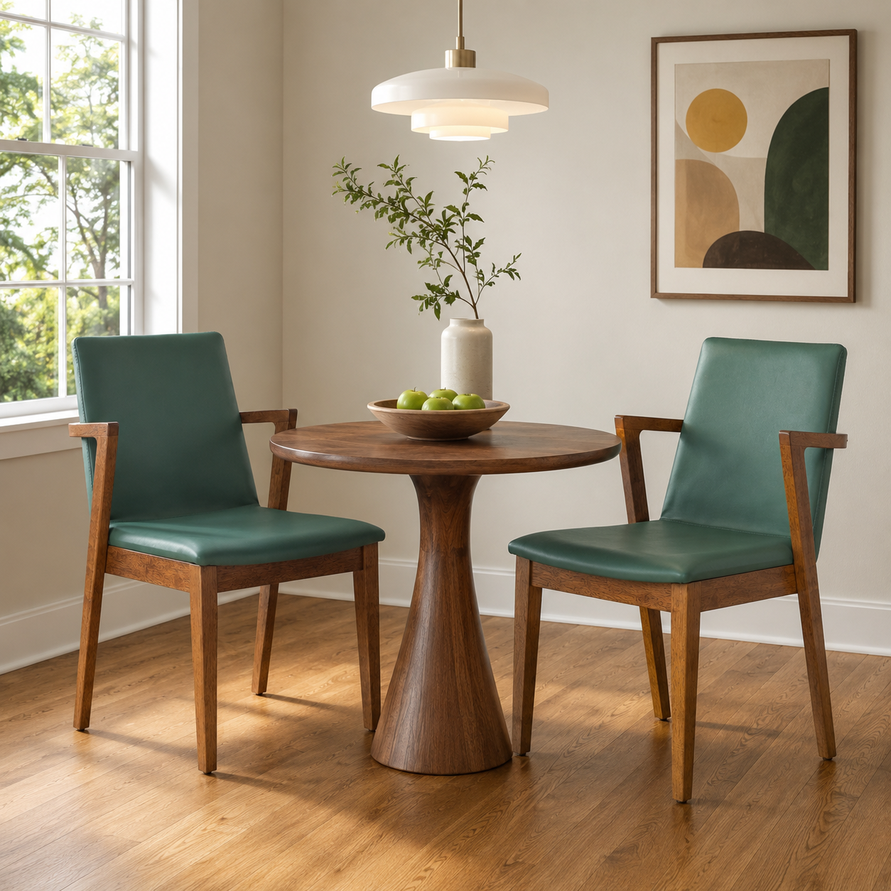Isar dark green upholstered dining chairs with solid rubberwood arm frame around a dining table