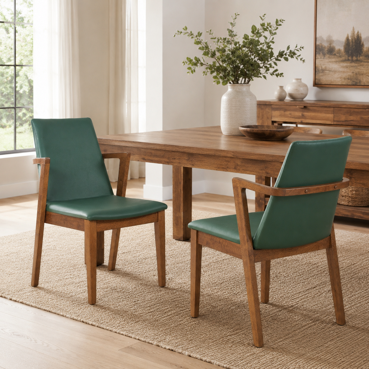 Isar dark green upholstered dining chairs with solid rubberwood arm frame