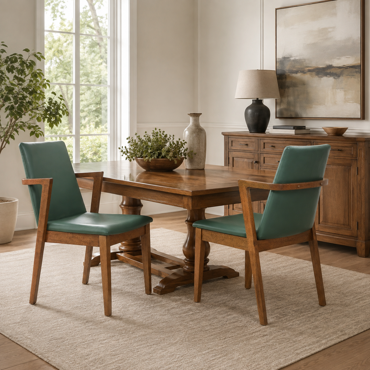 Isar dark green upholstered dining chairs styled around a round dining table