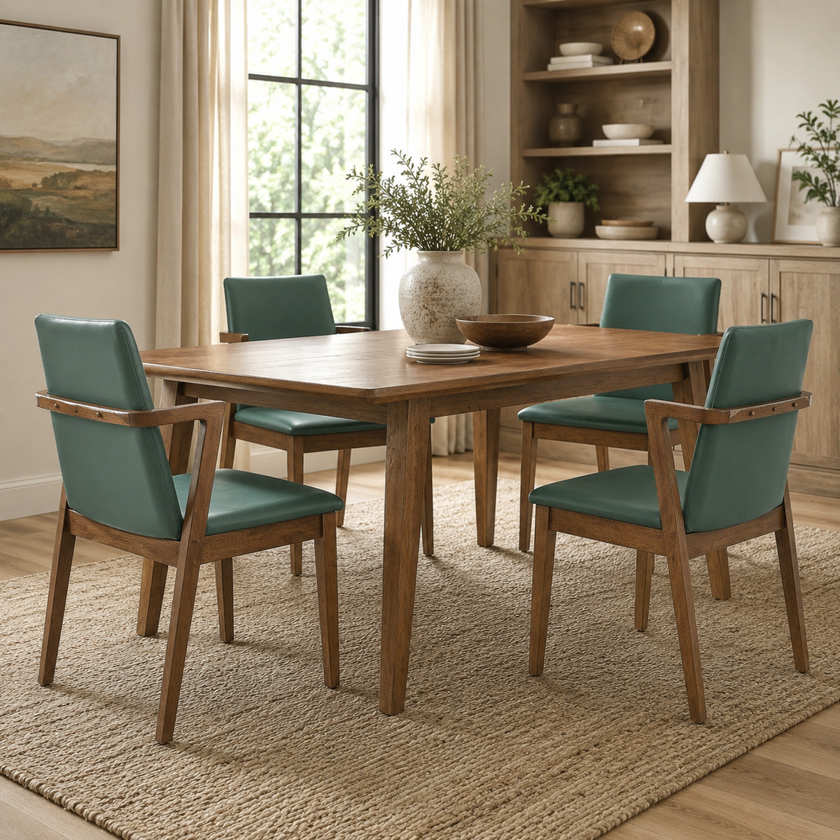 Isar dark green upholstered dining chairs styled around a round dining table