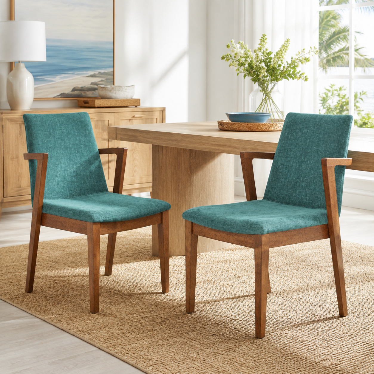 Isar green upholstered dining chairs with solid rubberwood arm frame around a dining table