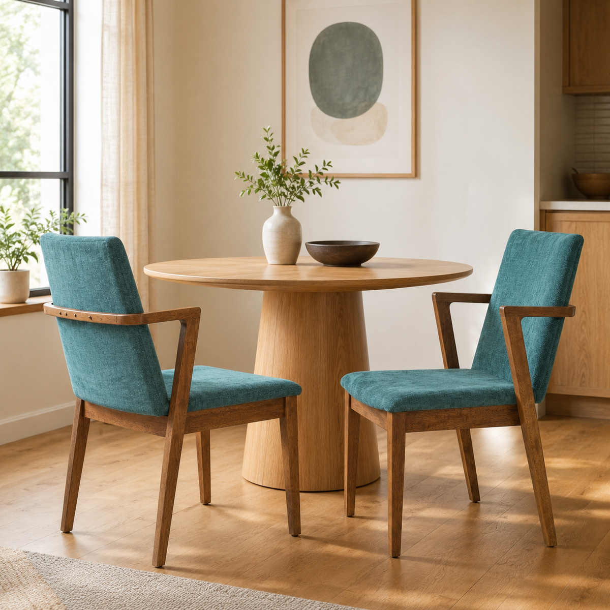 Isar green dining chairs styled in a warm dining room