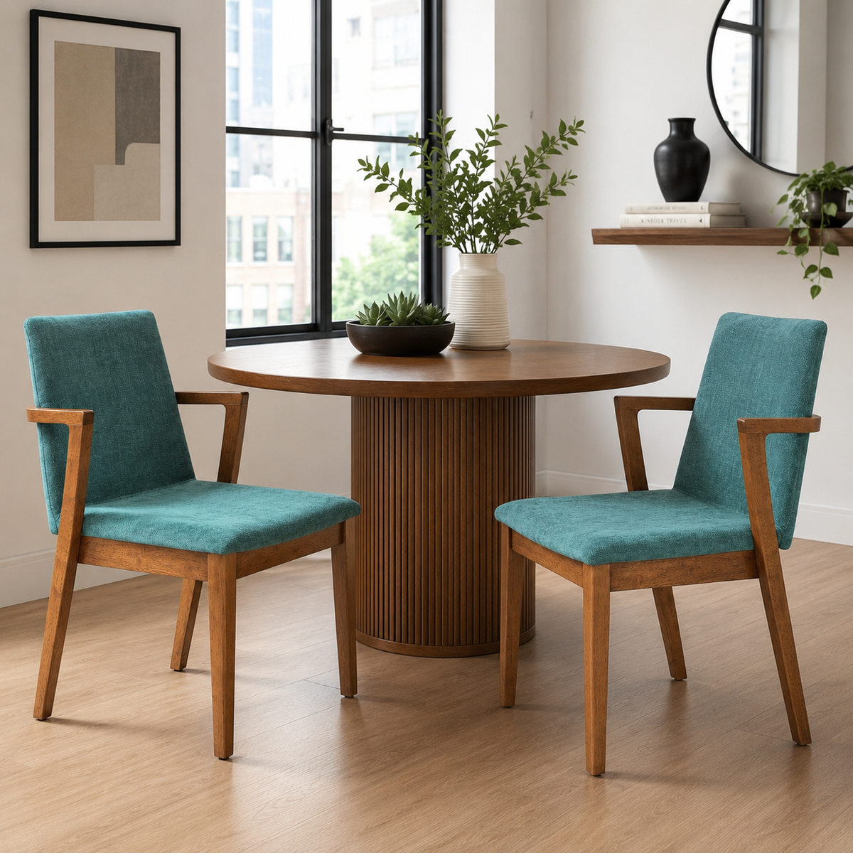 Isar green upholstered dining chairs shown around a round dining table