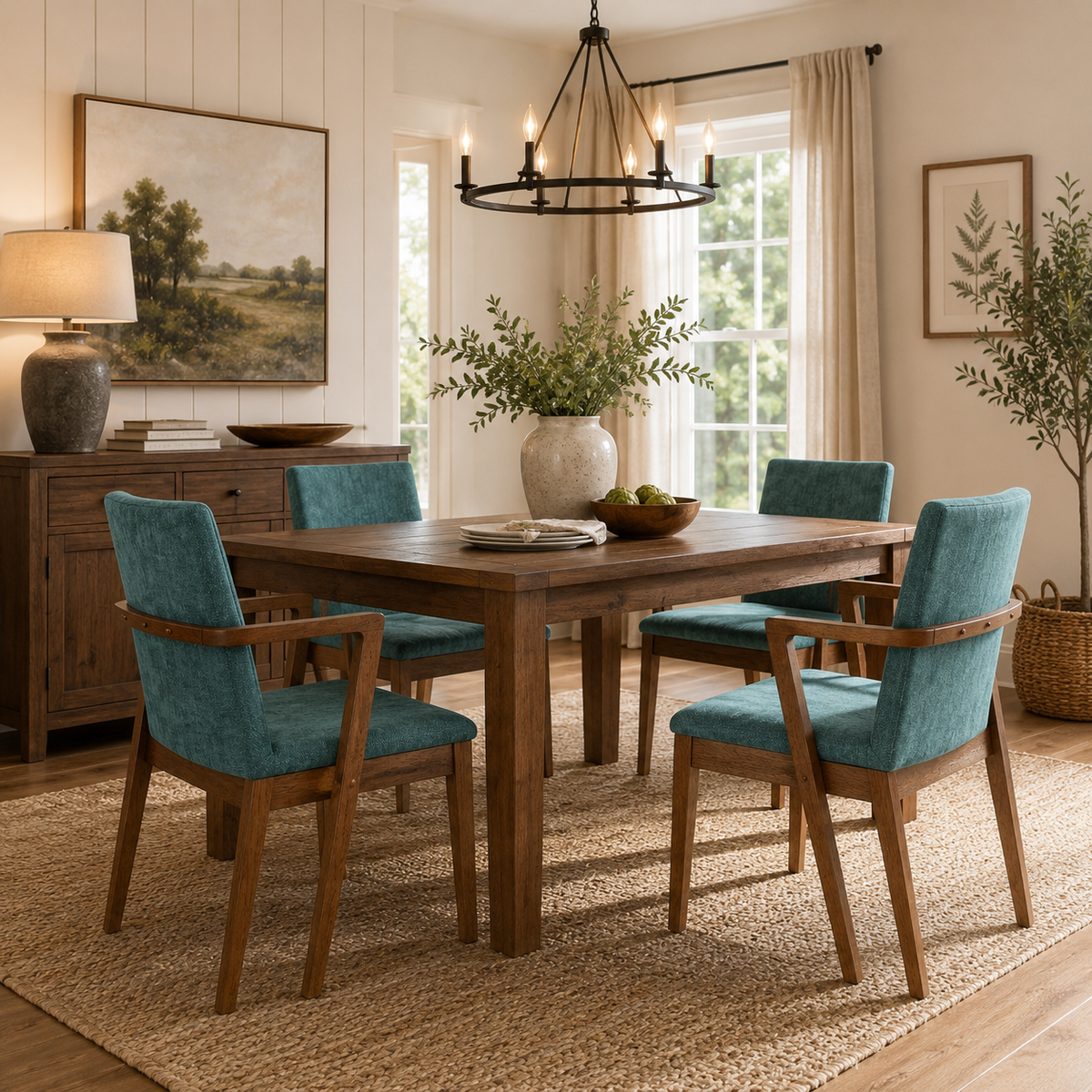 Isar green upholstered dining chairs shown around a round dining table