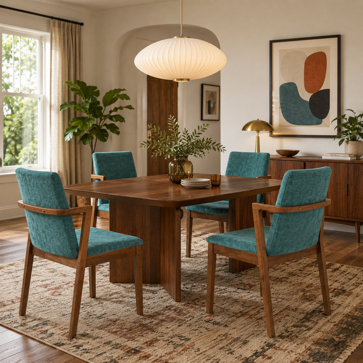 Isar green upholstered dining chairs shown around a round dining table