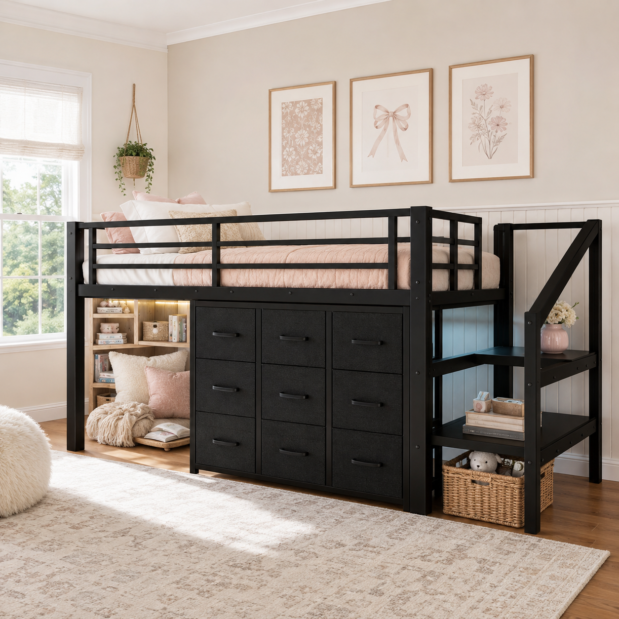 Isella black loft bed showing a twin low loft setup with nine fabric drawers and storage stairs