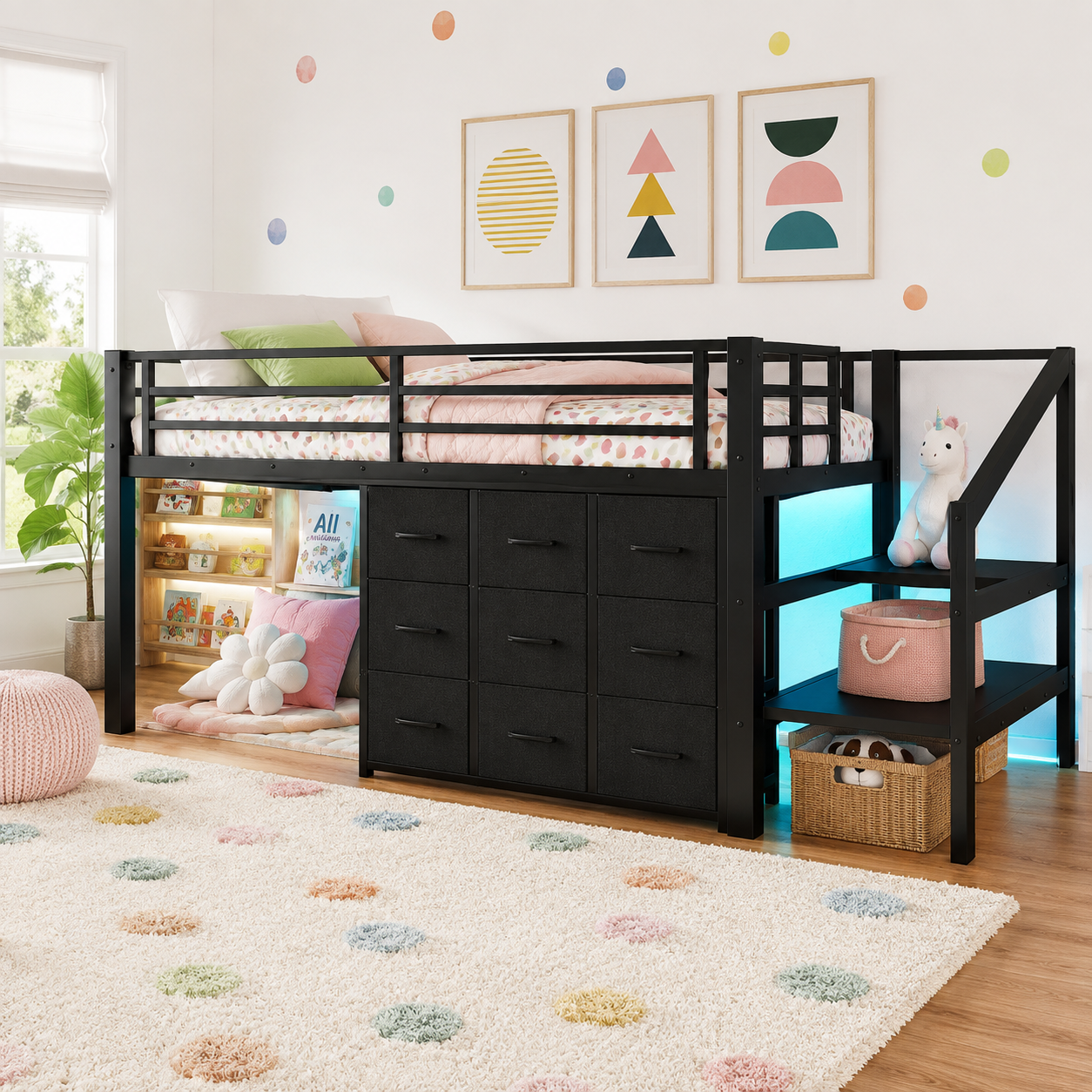 Isella black loft bed showing drawer storage and stairs in a colorful bedroom