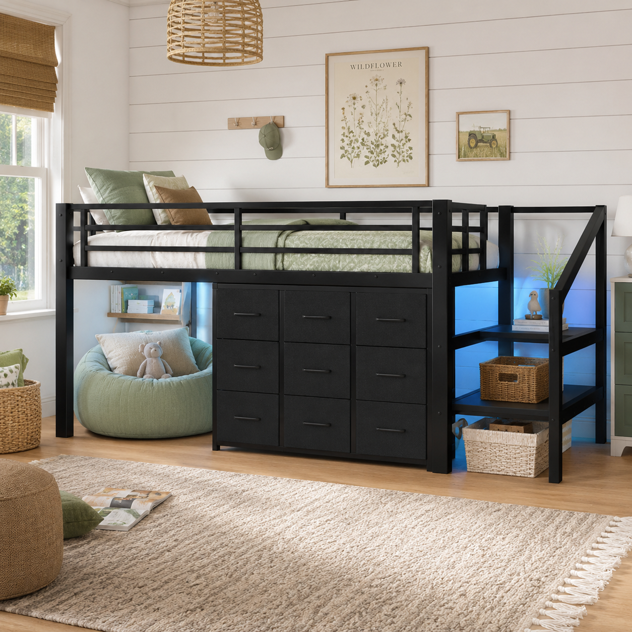 Isella black loft bed showing an organized underbed area with nine fabric drawers