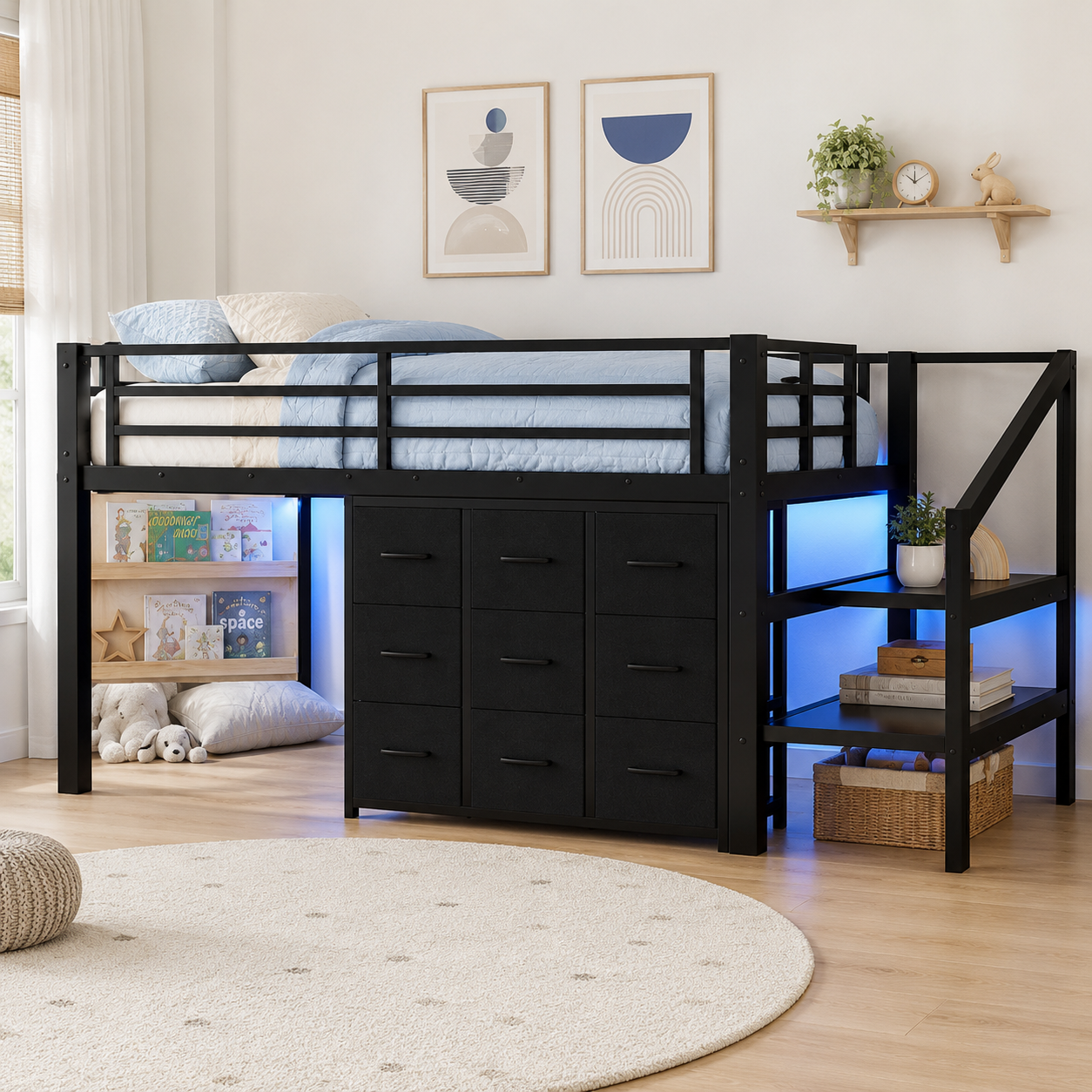 Isella black loft bed showing a low loft layout with drawer storage in a bright neutral bedroom