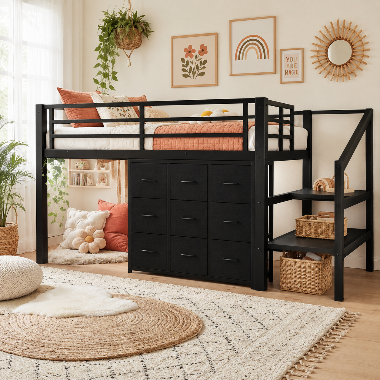 Isella black loft bed showing storage stairs fabric drawers and open shelving in a warm bedroom