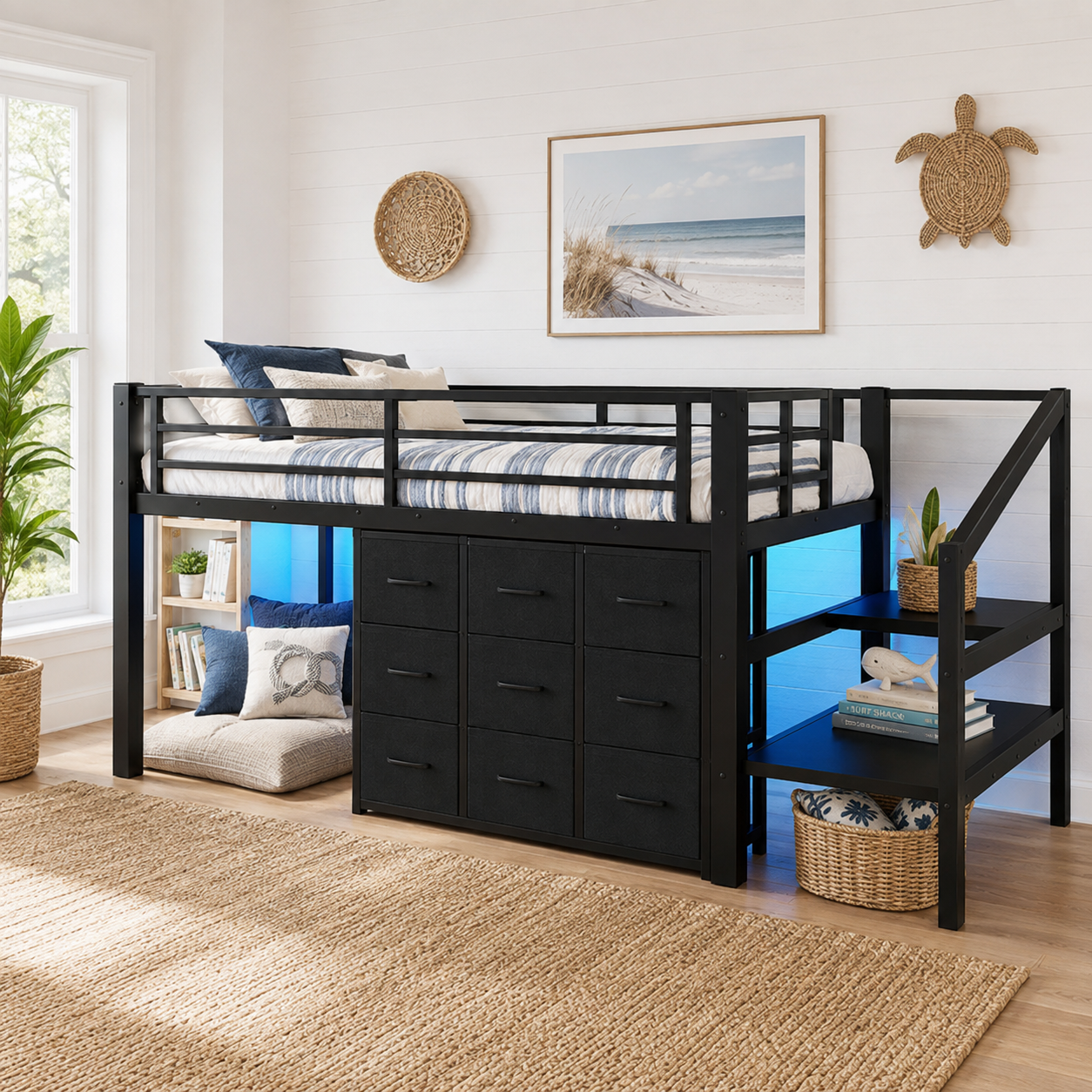 Isella black loft bed showing a bedroom setup with nine drawers staircase storage and loft frame