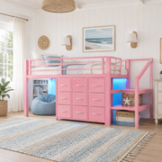 Isella pink loft bed showing a twin low loft setup with nine fabric drawers storage stairs and LED lighting