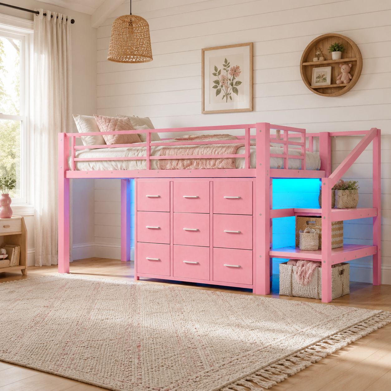 Isella pink loft bed showing a low loft layout with fabric drawers and open underbed storage