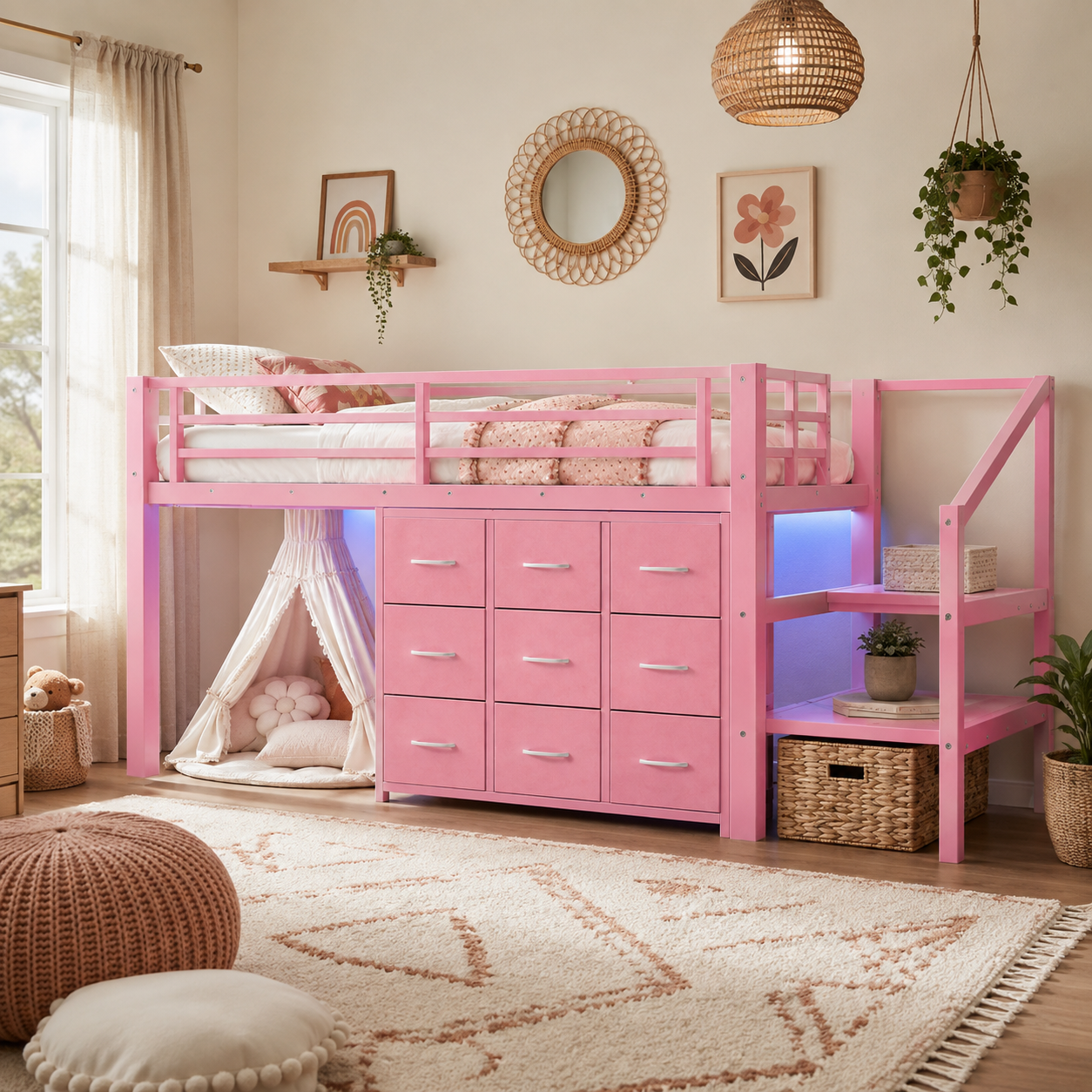 Isella pink loft bed showing nine fabric drawers and storage stairs in a warm bedroom