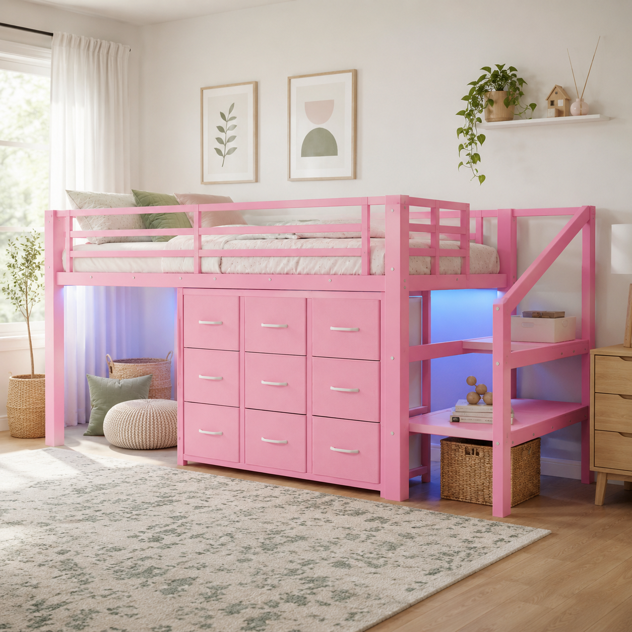 Isella pink loft bed showing an organized bedroom setup with drawers shelves and staircase storage