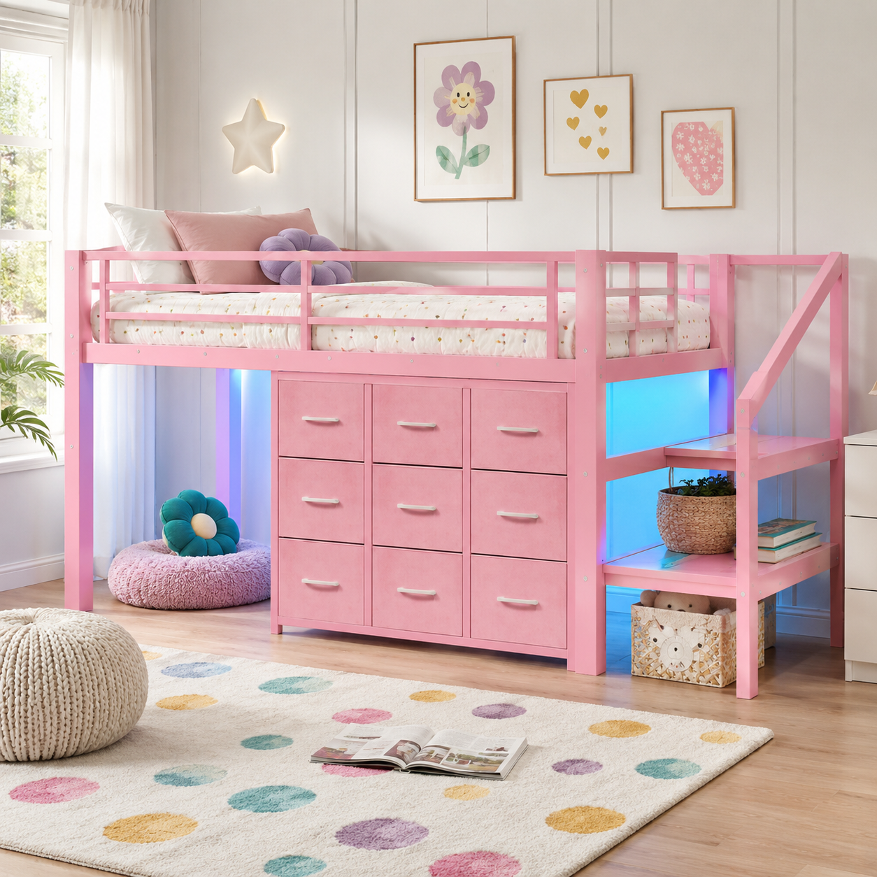 Isella pink loft bed showing LED lighting beneath the bed with storage drawers and stairs