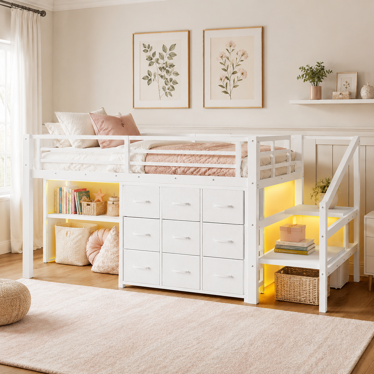 Isella white loft bed showing a twin low loft setup with nine fabric drawers and storage stairs