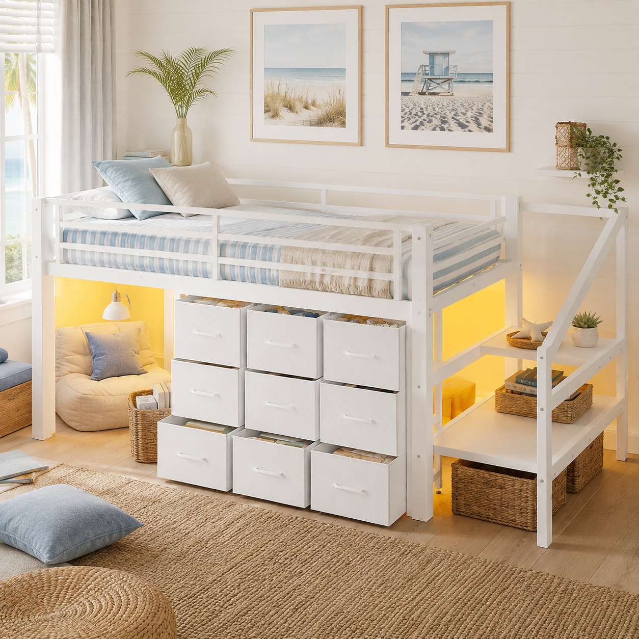 Isella white loft bed showing drawer storage and staircase shelves in a bright neutral bedroom
