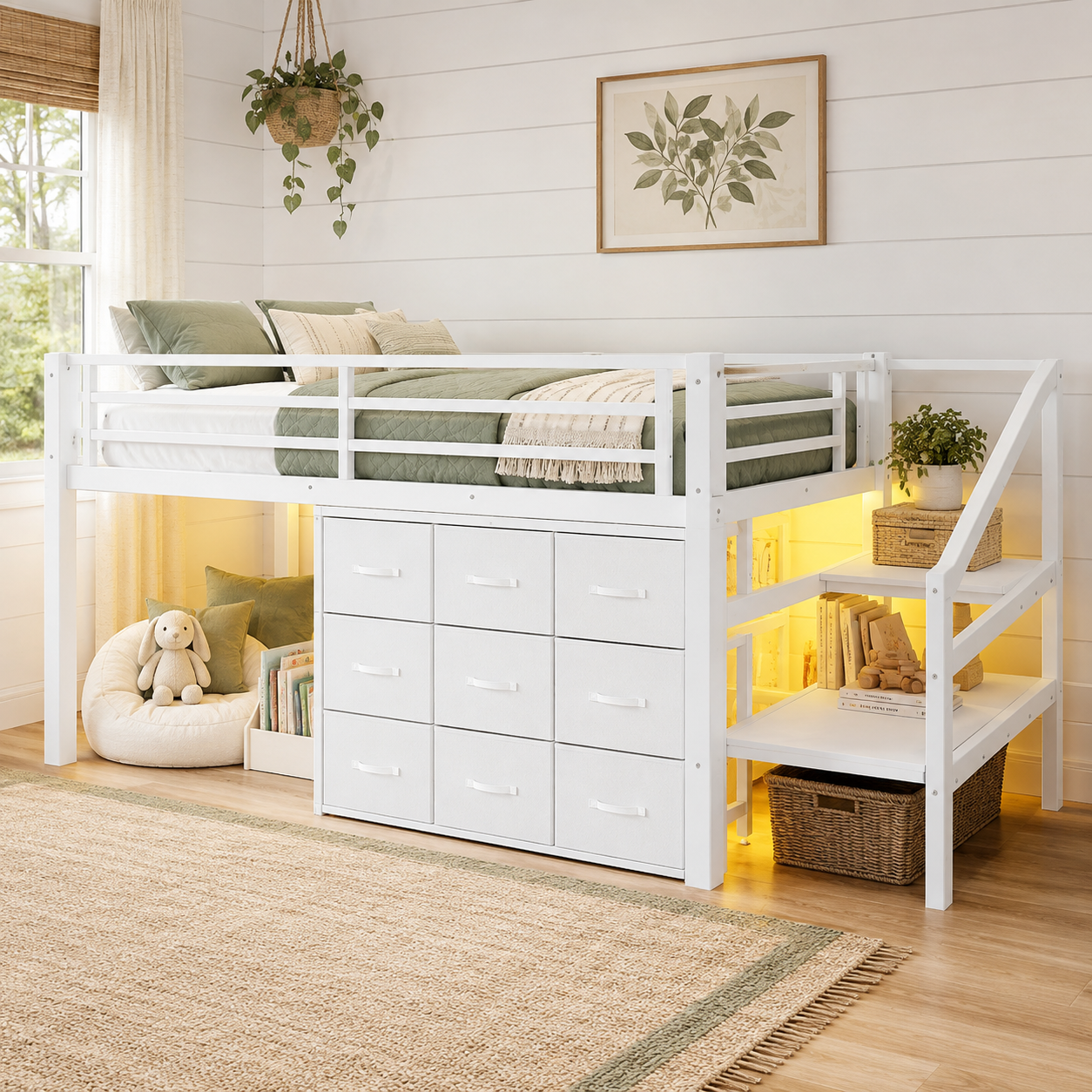 Isella white loft bed showing nine fabric drawers and storage stairs with warm LED lighting