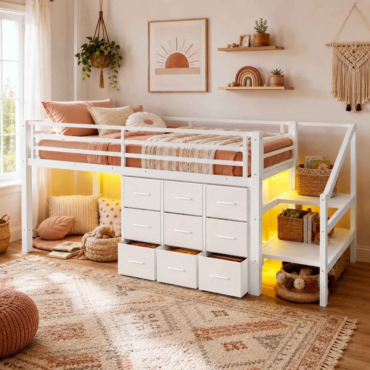 Isella white loft bed showing a low loft bedroom setup with drawers shelves and yellow LED lighting
