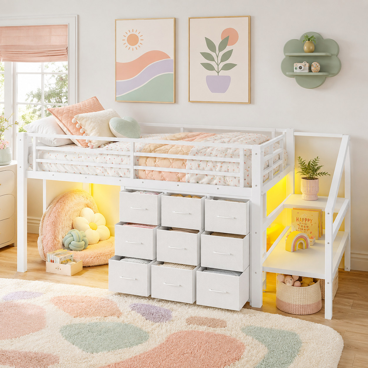 Isella white loft bed showing an organized underbed storage area with nine fabric drawers