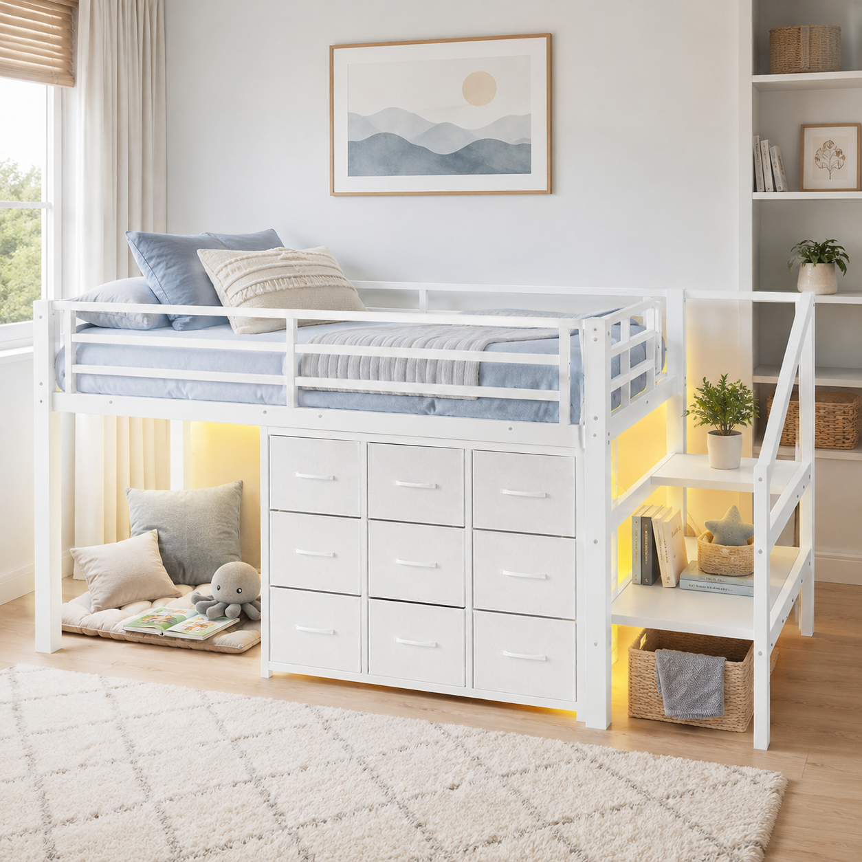 Isella white loft bed showing storage stairs and drawer units in a bright children’s bedroom