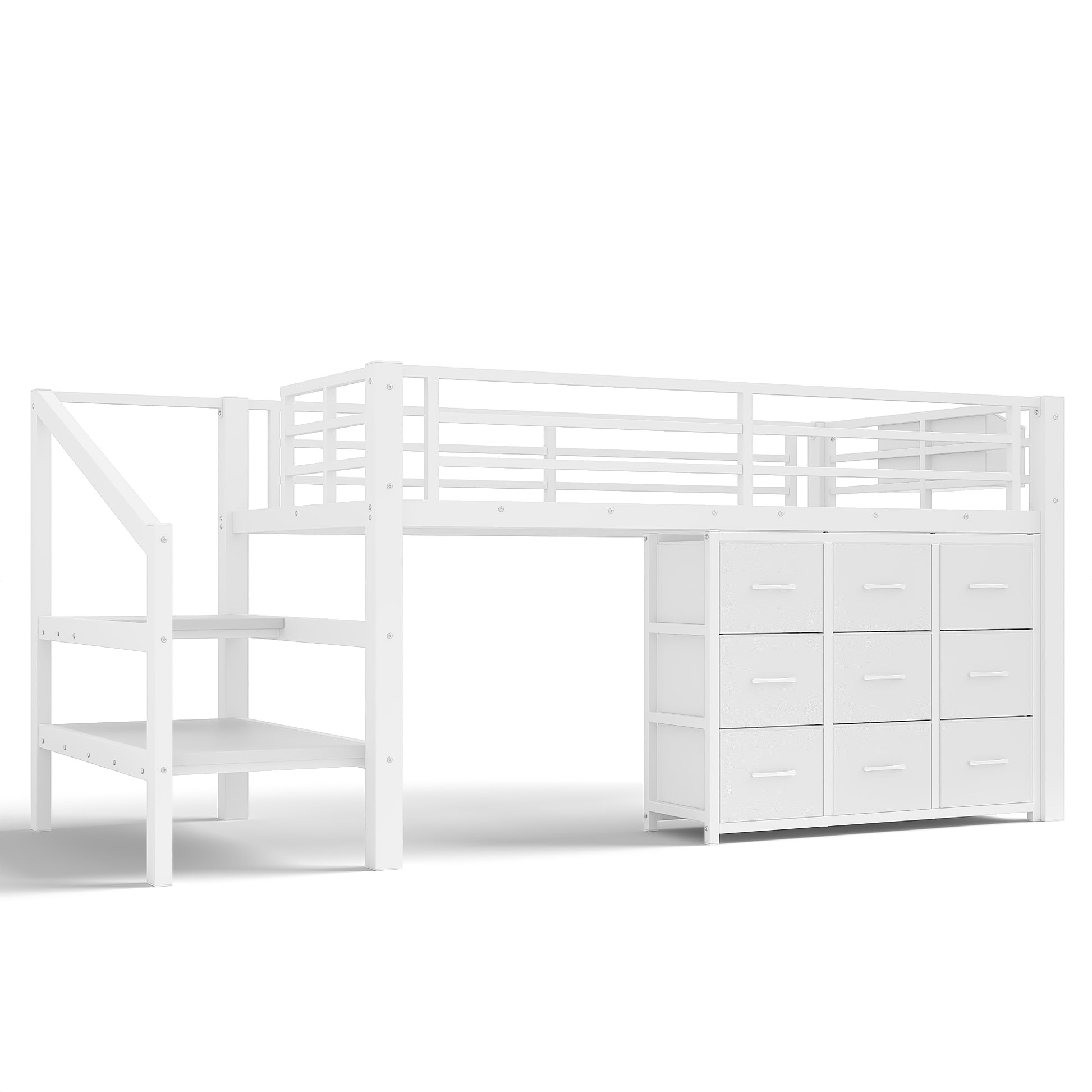 Isella white loft bed showing the front view with nine fabric drawers and storage stairs