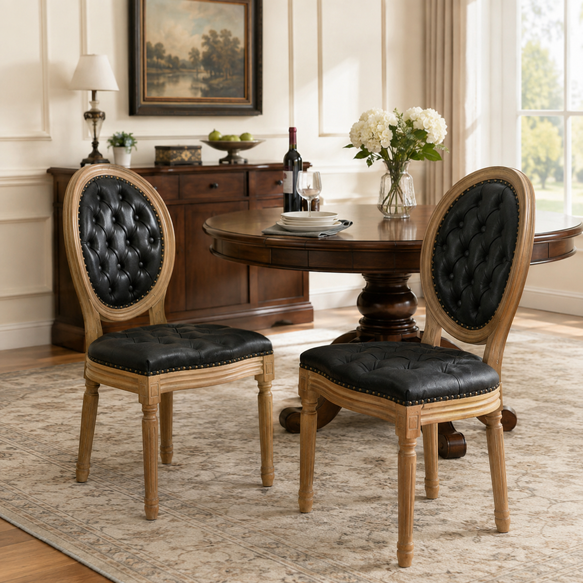 Iseo black button tufted PU leather dining chairs with rubberwood legs around a wood dining table
