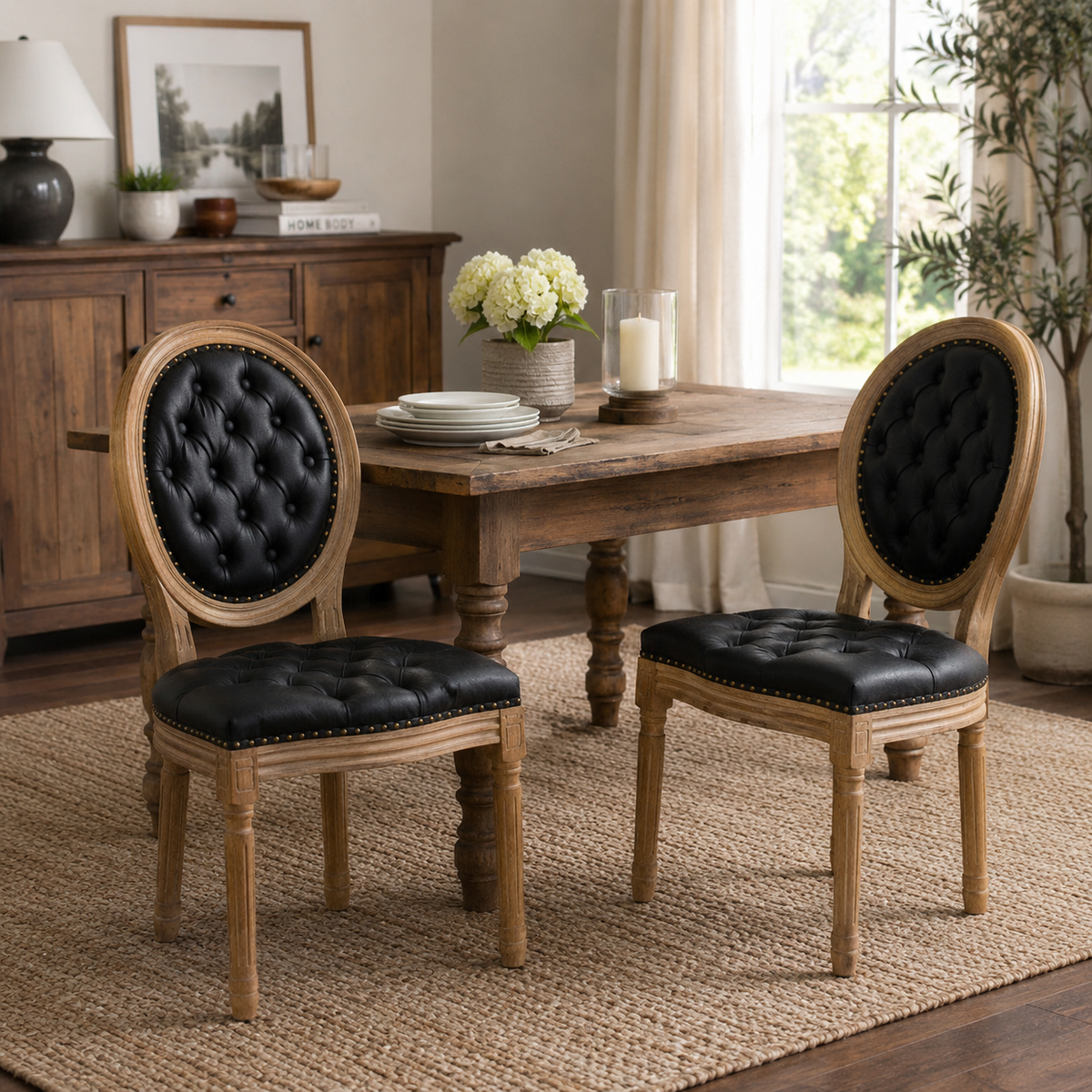 Iseo black upholstered dining chairs in a warm dining room with natural wood accents