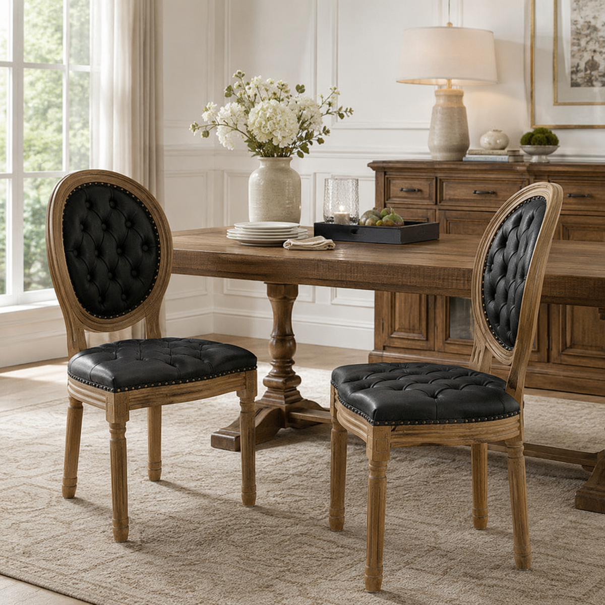 Iseo black tufted dining chair set around a round table in a bright contemporary room