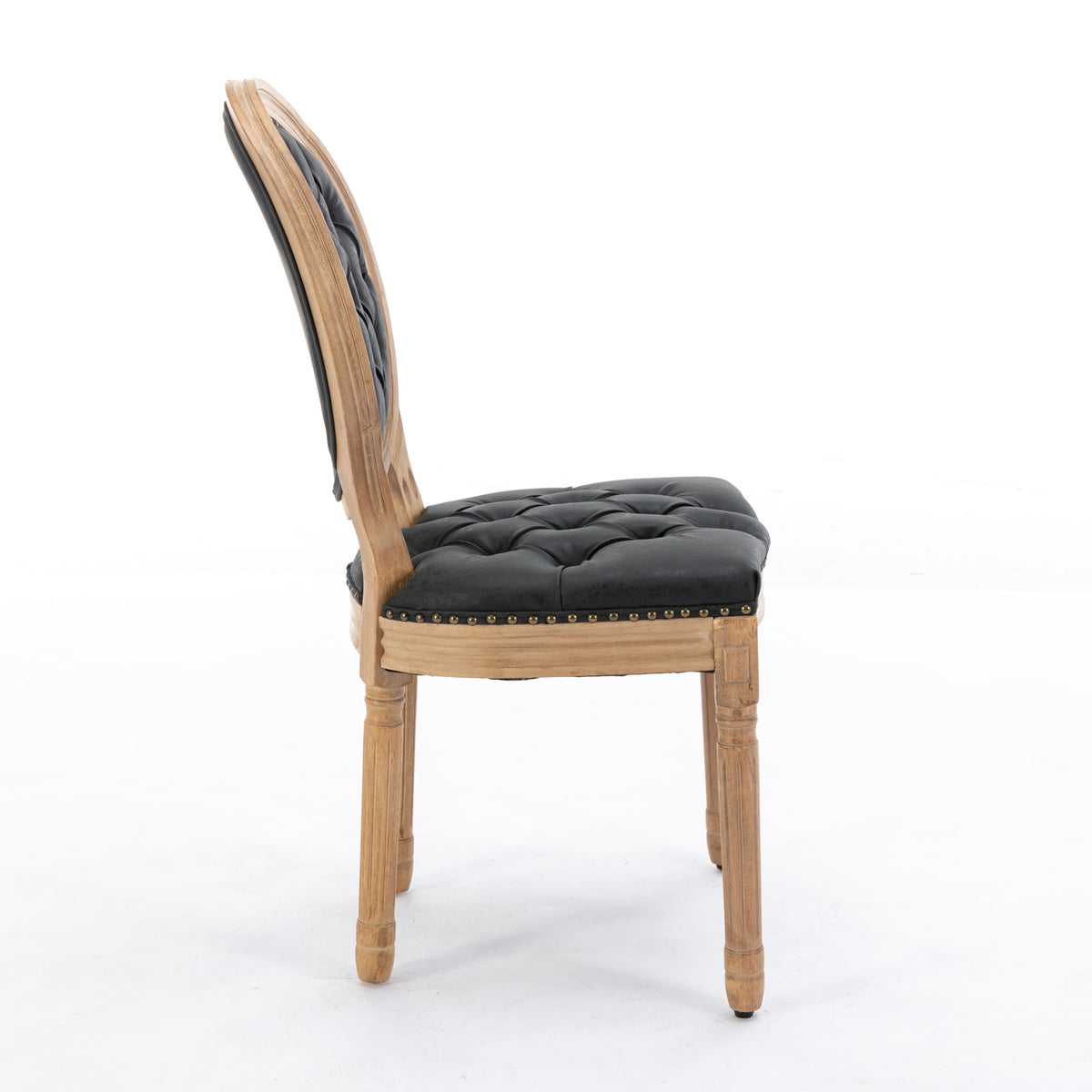 Iseo black PU leather dining chair front angled view with wood legs on white background