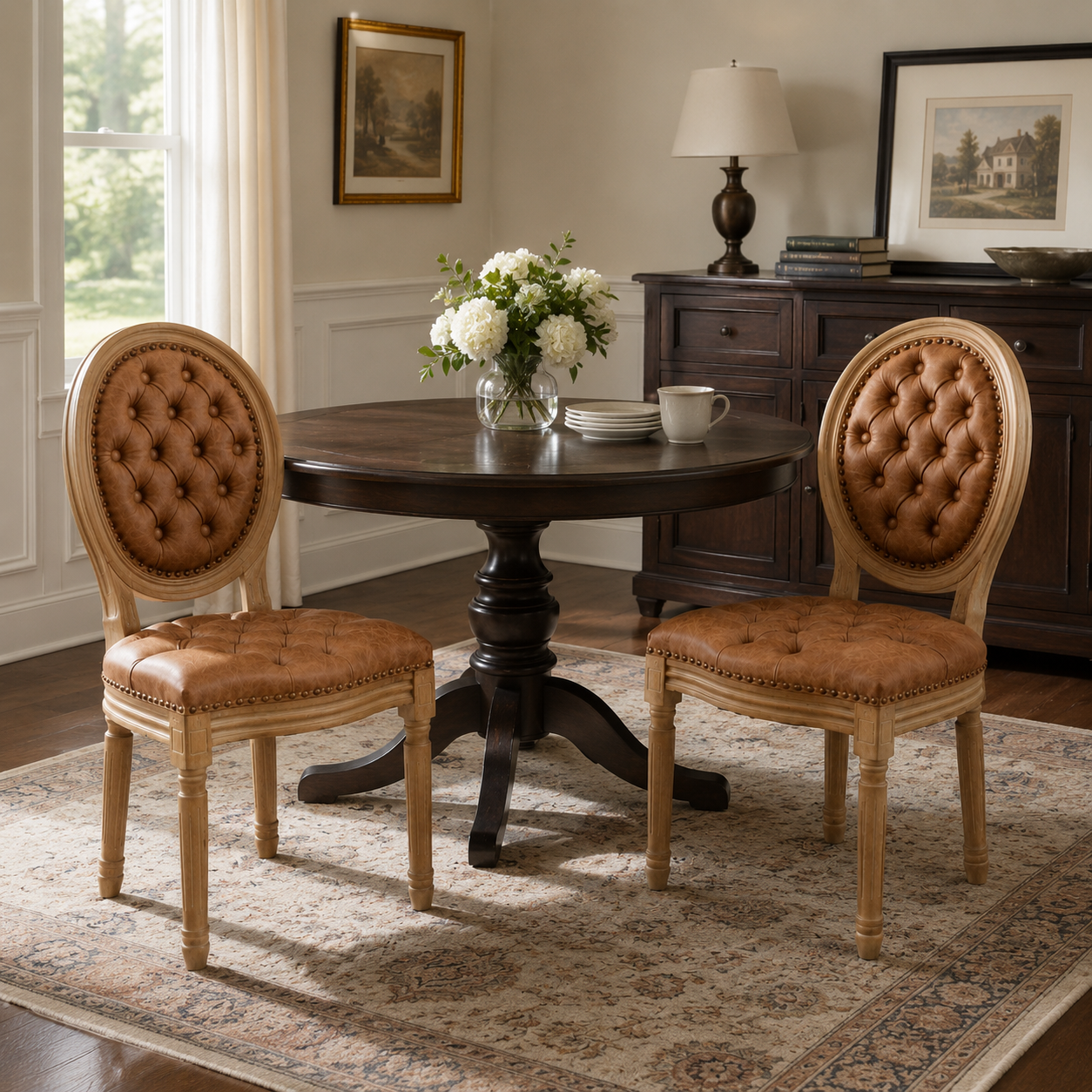 Iseo brown button tufted PU leather dining chairs with solid rubberwood legs around a dining table