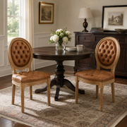 Iseo brown button tufted PU leather dining chairs with solid rubberwood legs around a dining table