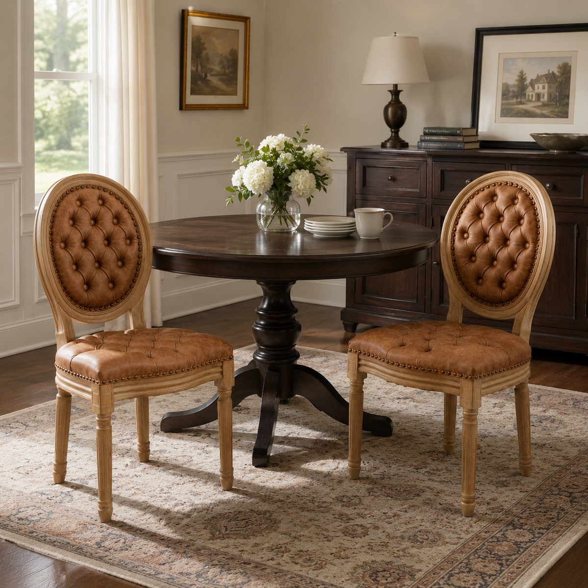 Iseo brown button tufted PU leather dining chairs with solid rubberwood legs around a dining table