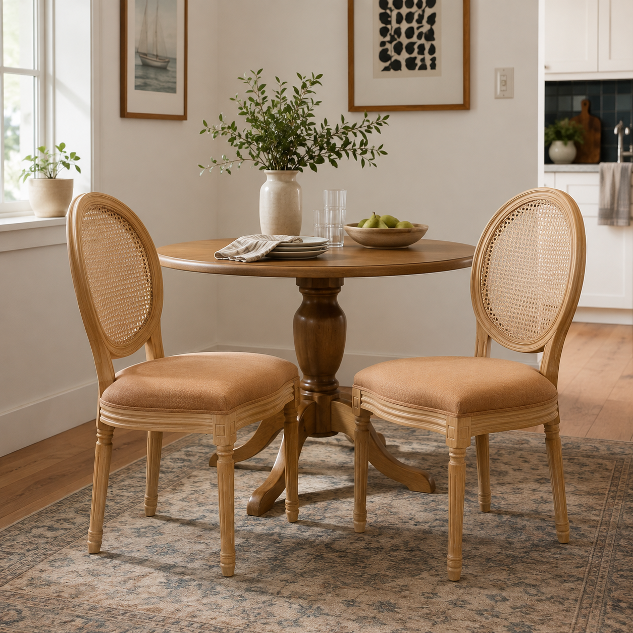 Iseo brown upholstered dining chairs in a warm dining room with classic wood furniture