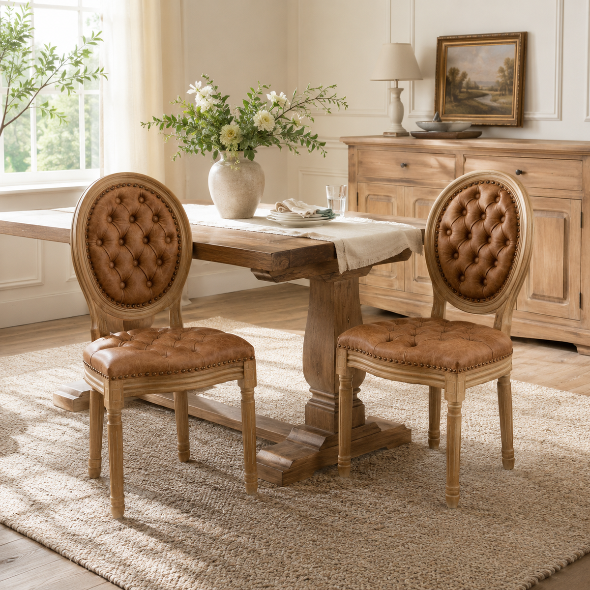 Iseo brown upholstered dining chairs in a warm dining room with classic wood furniture