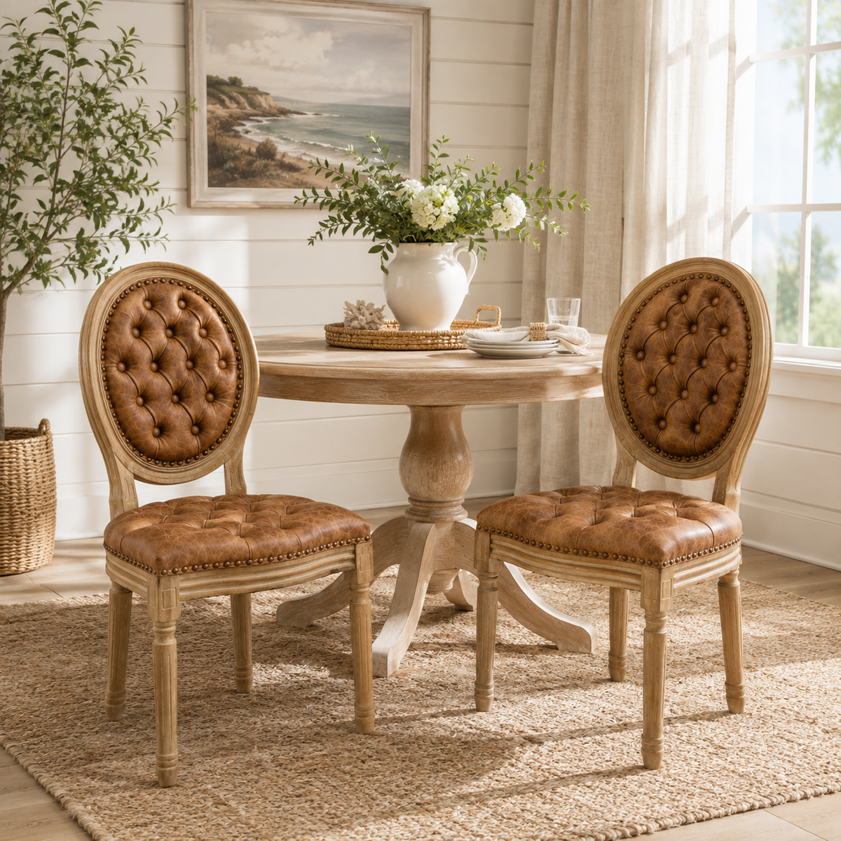 Iseo brown tufted dining chairs around a round wood table in a bright home dining space